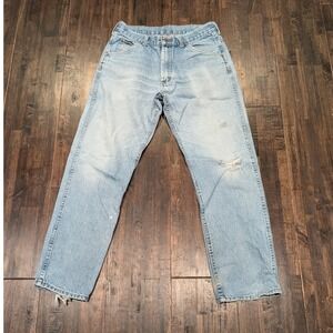 Vintage Round House Straight Leg Jeans Men 32x31 Light Wash Denim Distressed USA